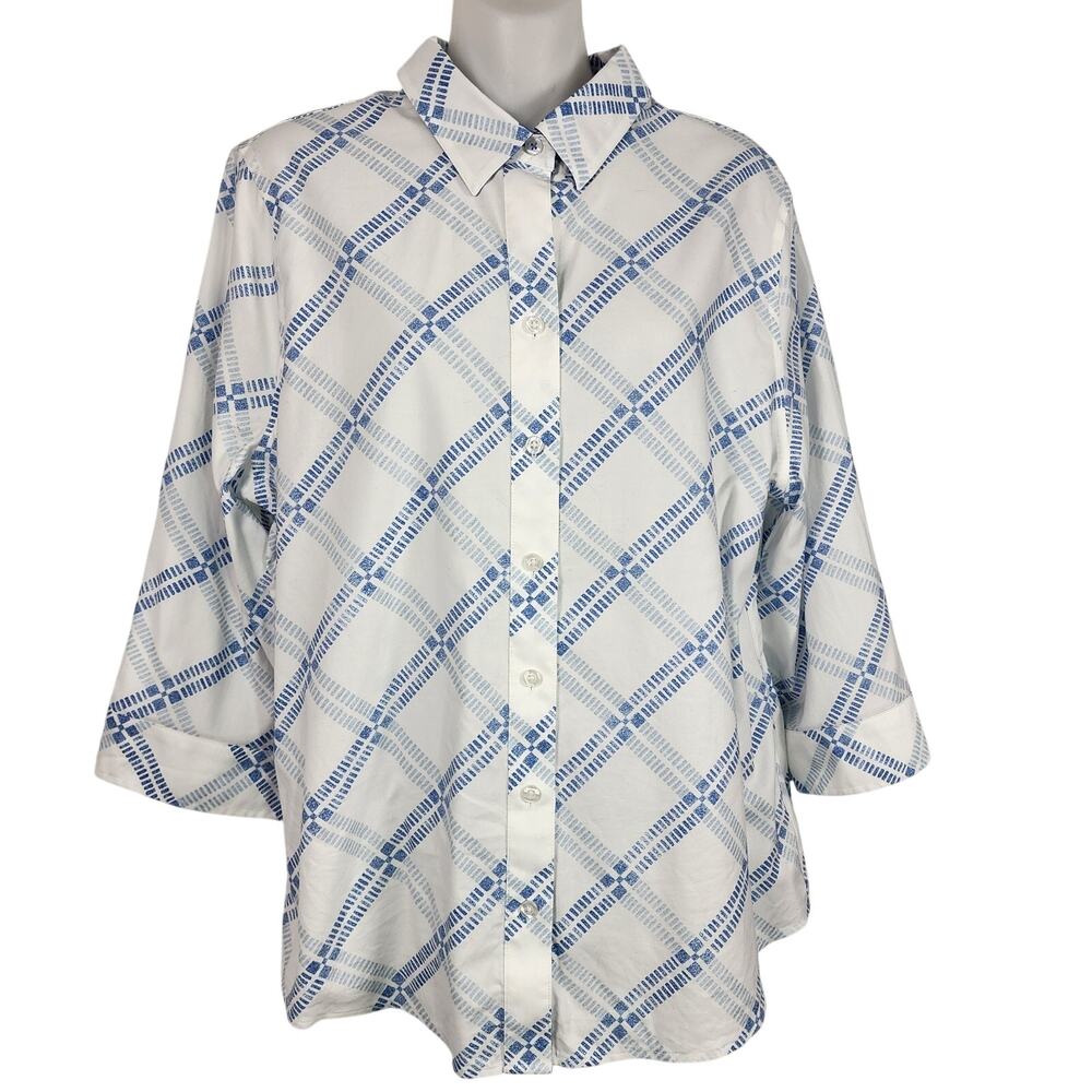 Chico's Womens No Iron Button Up Shirt 12/14 White Blue Geometric Plaid Stretch